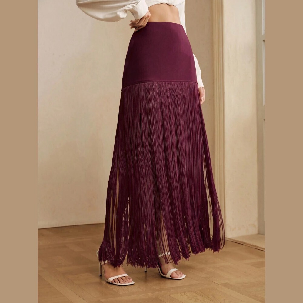 Plum Purple Fringe Tassel Maxi Skirt with Fitted Yoke Waist